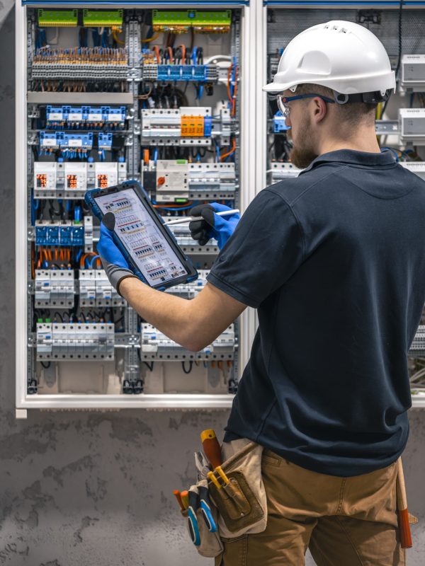 Electrical technician working in a switchboard with fuses, uses a tablet. Electrical technician looking focused while working in a switchboard with fuses.